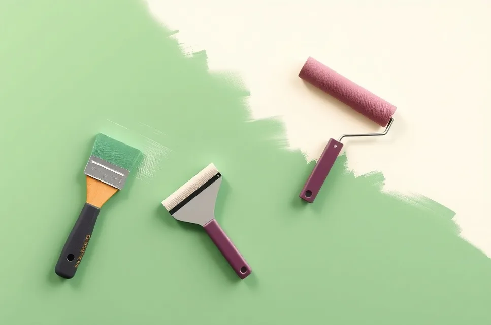 Outils de peinture disposés dans l'ordre des étapes du chantier