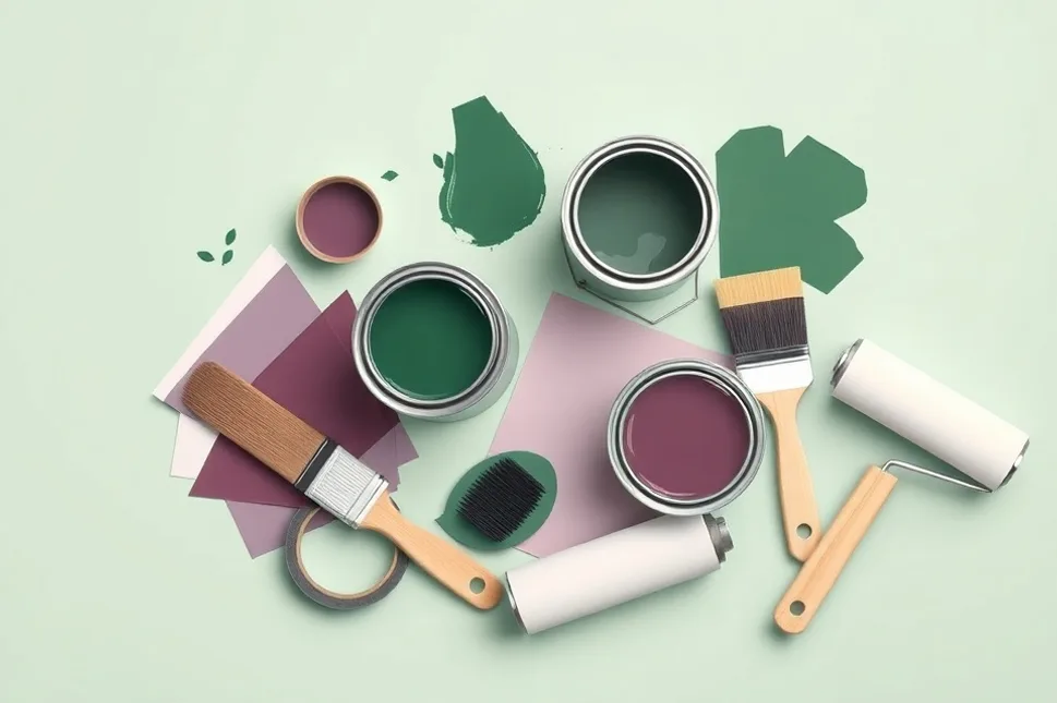 Pots de peinture, nuancier, brosses et rouleaux disposés à plat