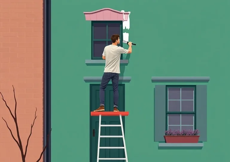 Peintre sur échafaudage traitant la façade d'une maison