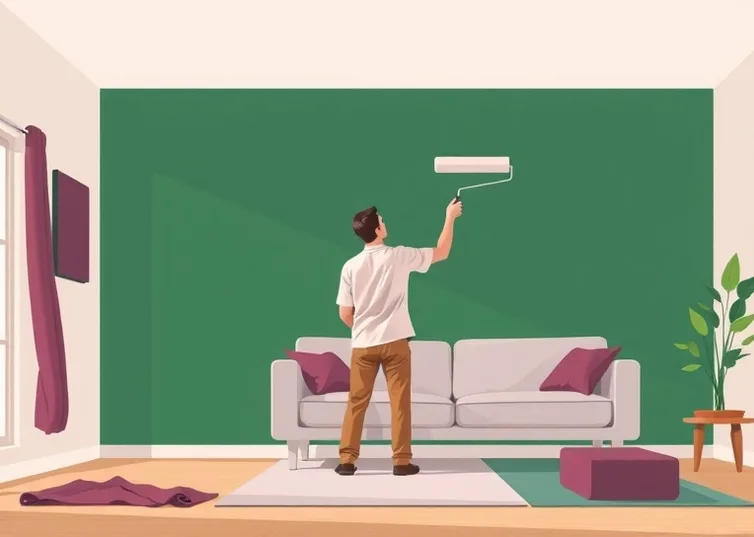 Peintre appliquant la peinture au rouleau sur un mur de salon